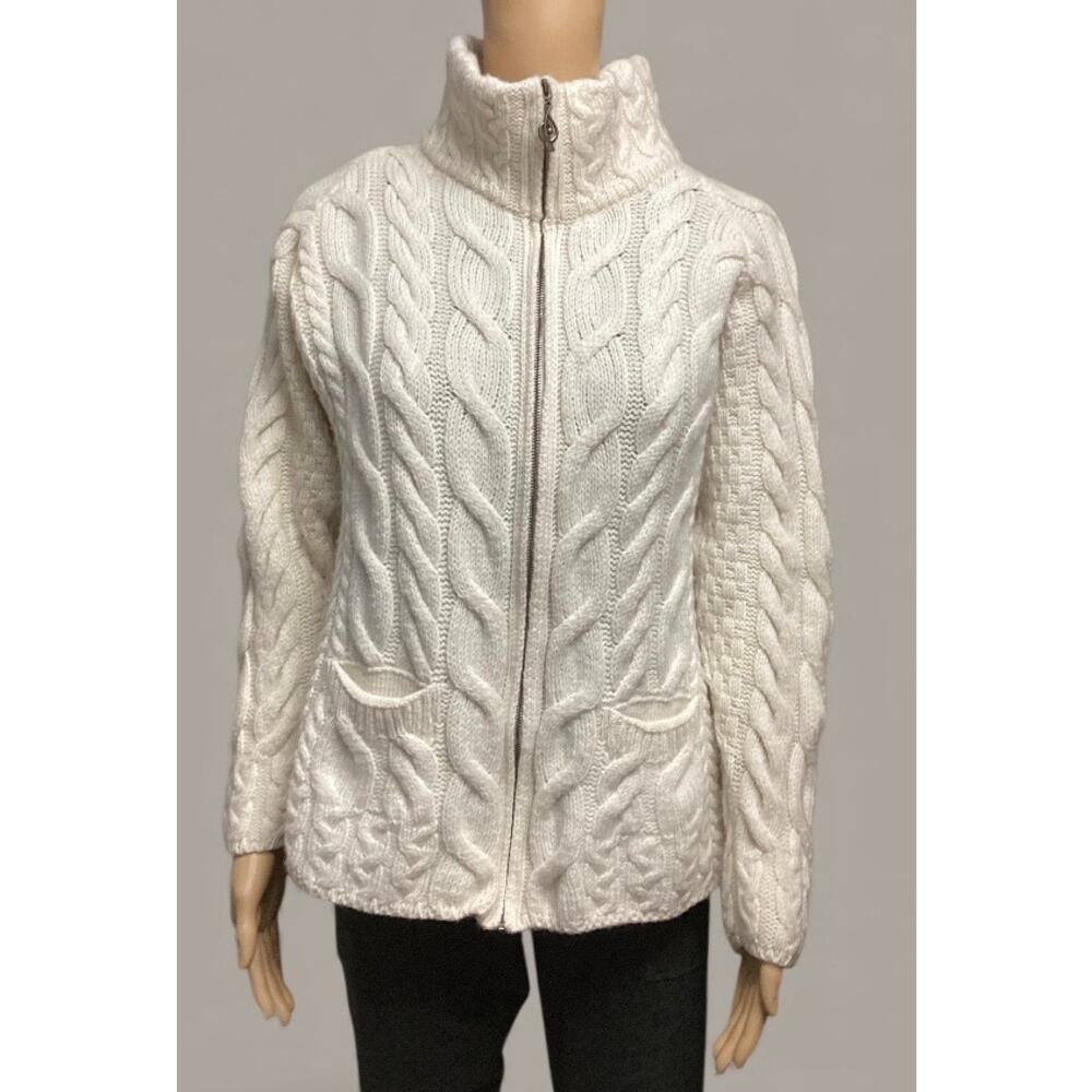 Aran Woollen Mills women’s  Wool Cardigan Mock Turtleneck Full Zip size M cream